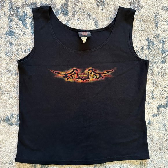 Harley-Davidson Tops - Harley Davidson Motorcycles | Vintage Black Cropped Tank Top Flame Womens Large